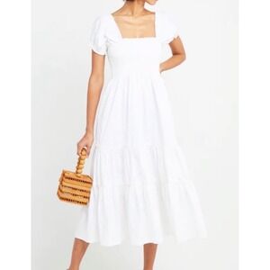 O.P.T White Smocked Tiered Midi Dress Puff Sleeve Cottagecore Square Neck Sz M